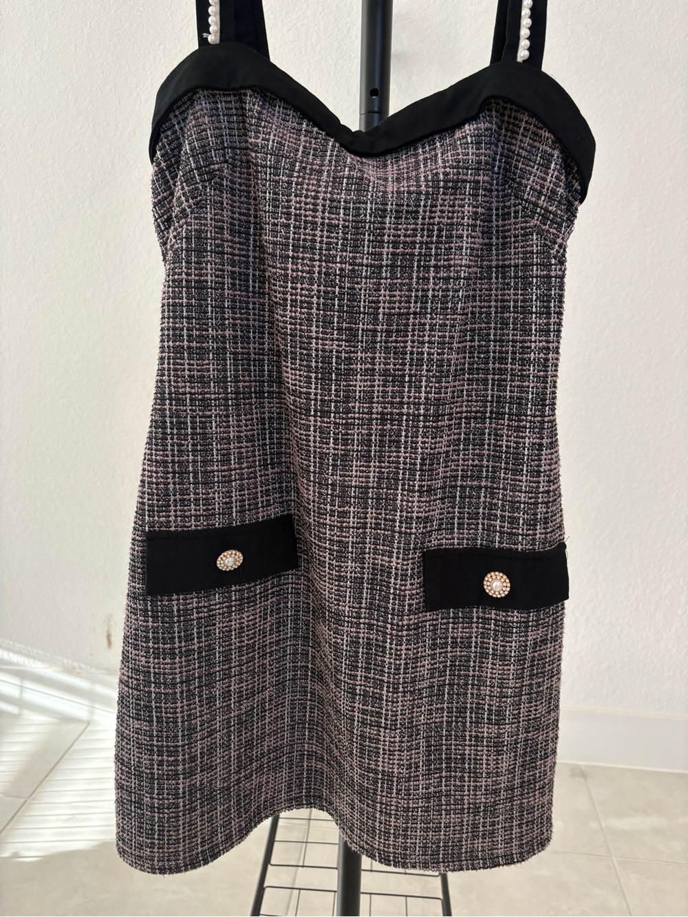 City Triangles Pearl-Strap Tweed Mini Dress - Black & Gray